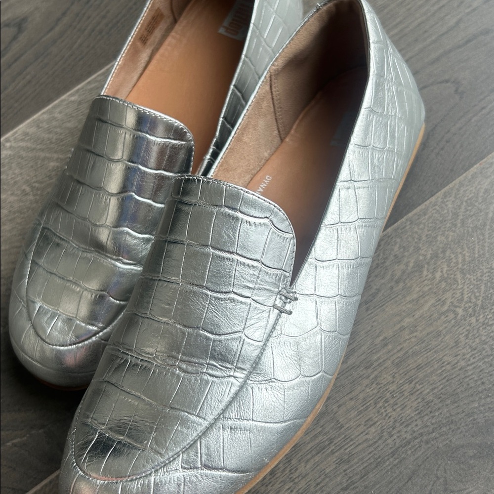 Fitflop Lena Croc-Embossed Silver Metallic Leather Loafer Flat Size 8 Comfort - Picture 12 of 16
